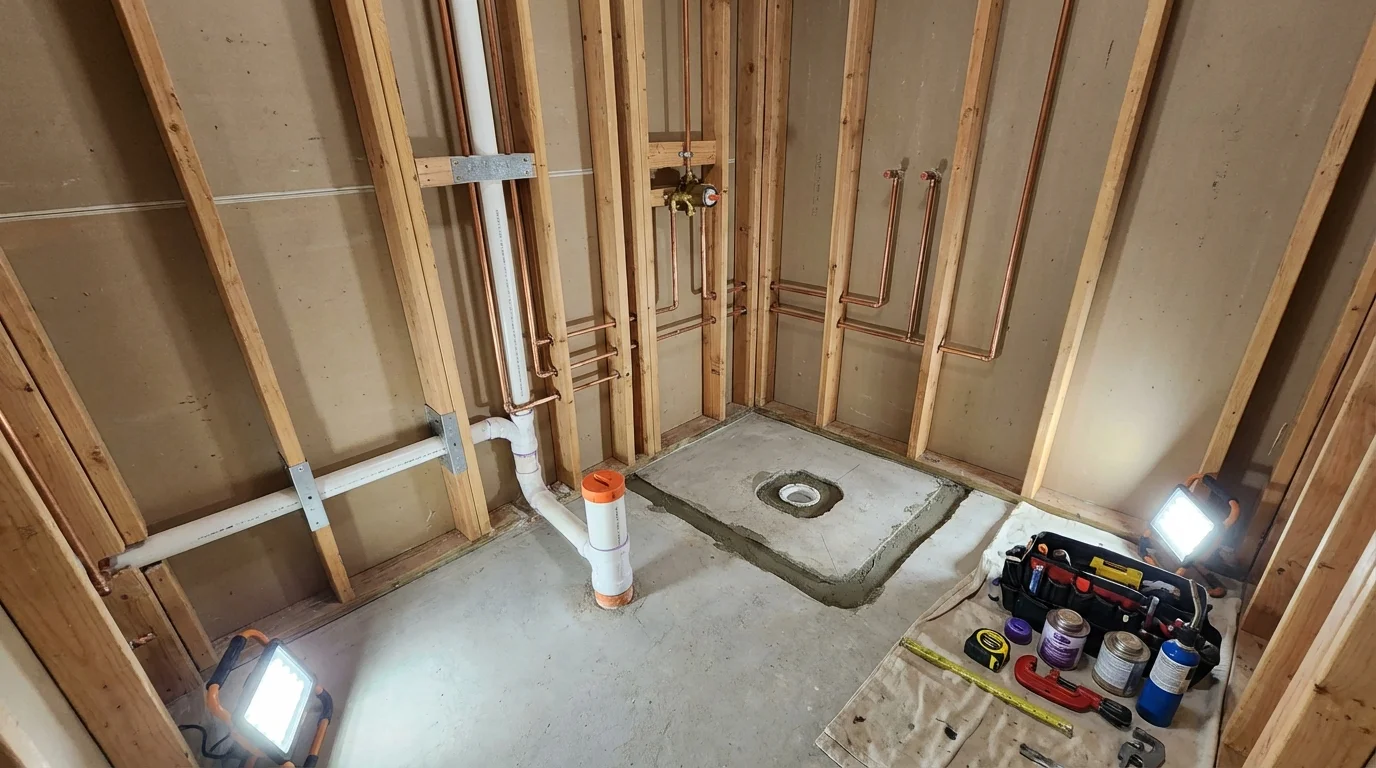 Bathroom rough-in plumbing during remodel by Johns Plumbing LLC in Homeland