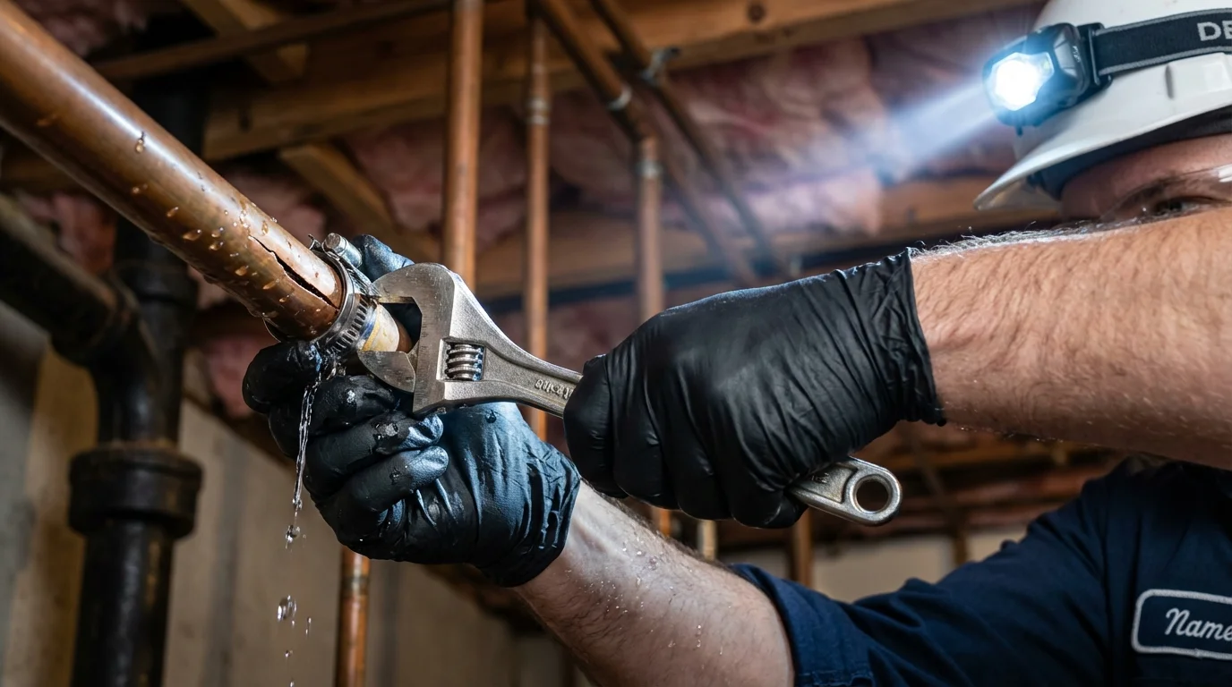 Emergency pipe clamp repair being performed by a Johns Plumbing LLC plumber in Homeland