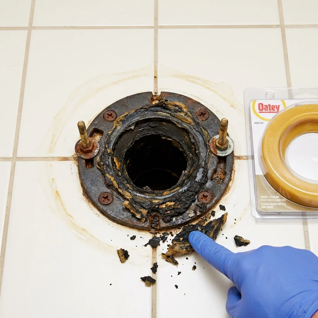 Failed wax ring showing water seepage at the base of a toilet in a Homeland, CA home