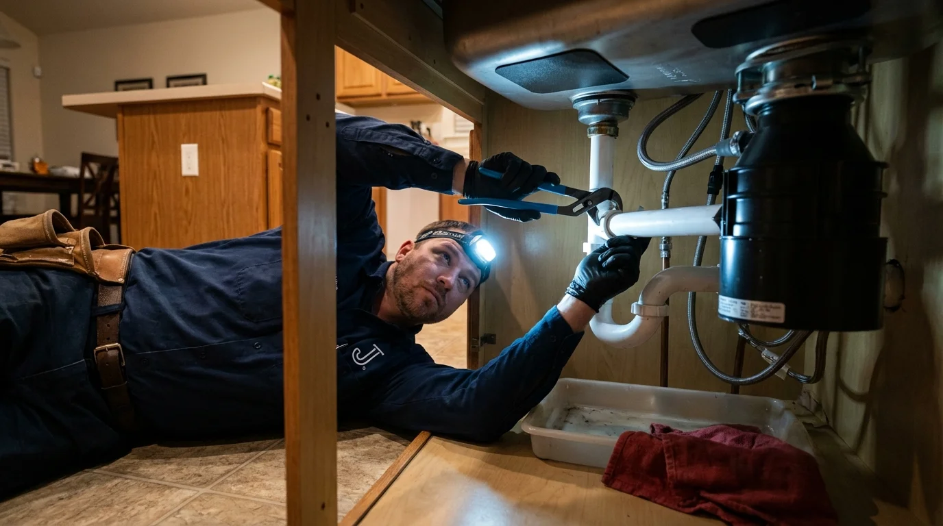 P-trap and supply line connections under a kitchen sink showing a common leak point in Homeland, CA